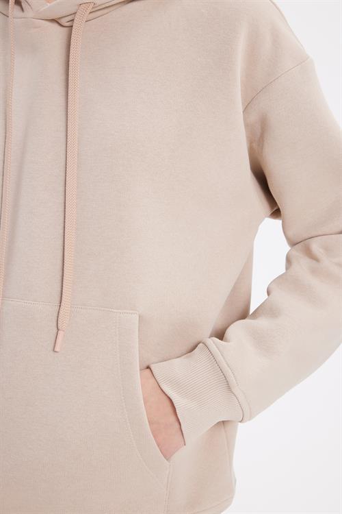 Kadın Oversize Geniş Kesim Pamuklu Yumuşak Dokulu İçi Polarlı Basic Bej Kapüşonlu Sweatshirt