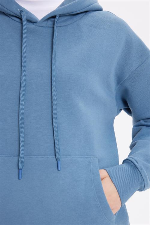 Kadın Oversize Geniş Kesim Pamuklu Yumuşak Dokulu İçi Polarlı Basic İndigo Kapüşonlu Sweatshirt