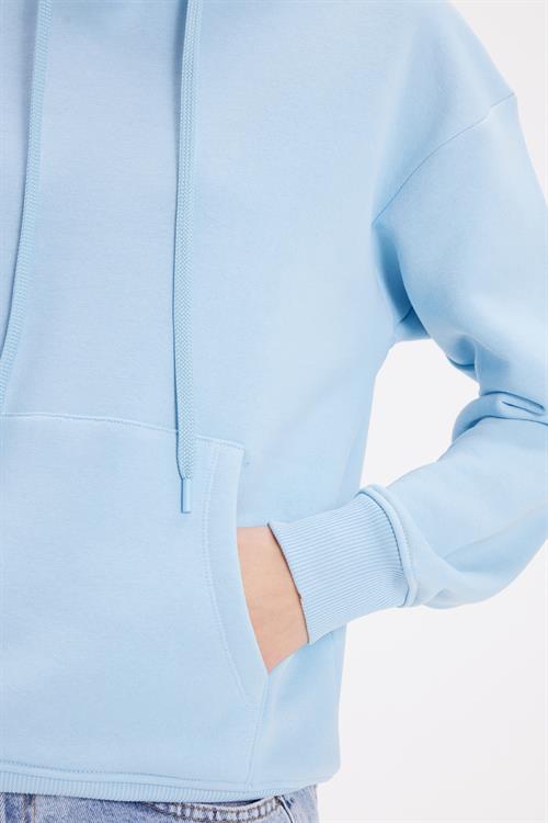 Kadın Oversize Geniş Kesim Pamuklu Yumuşak Dokulu İçi Polarlı Basic Mavi Kapüşonlu Sweatshirt