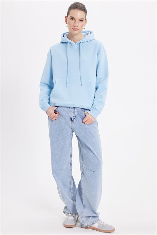 Kadın Oversize Geniş Kesim Pamuklu Yumuşak Dokulu İçi Polarlı Basic Mavi Kapüşonlu Sweatshirt