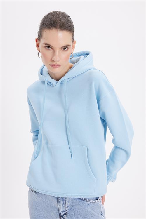 Kadın Oversize Geniş Kesim Pamuklu Yumuşak Dokulu İçi Polarlı Basic Mavi Kapüşonlu Sweatshirt