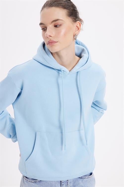 Kadın Oversize Geniş Kesim Pamuklu Yumuşak Dokulu İçi Polarlı Basic Mavi Kapüşonlu Sweatshirt
