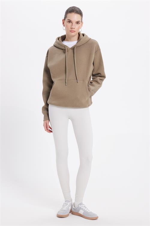 Kadın Oversize Geniş Kesim Pamuklu Yumuşak Dokulu İçi Polarlı Basic Yeşil Kapüşonlu Sweatshirt