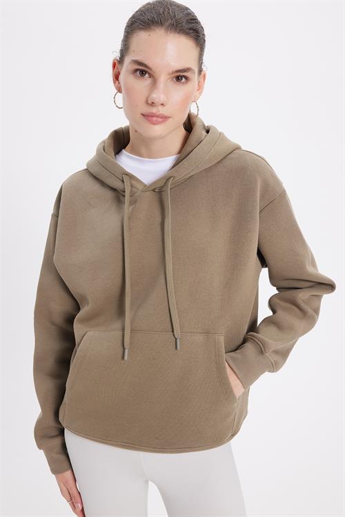 Kadın Oversize Geniş Kesim Pamuklu Yumuşak Dokulu İçi Polarlı Basic Yeşil Kapüşonlu Sweatshirt