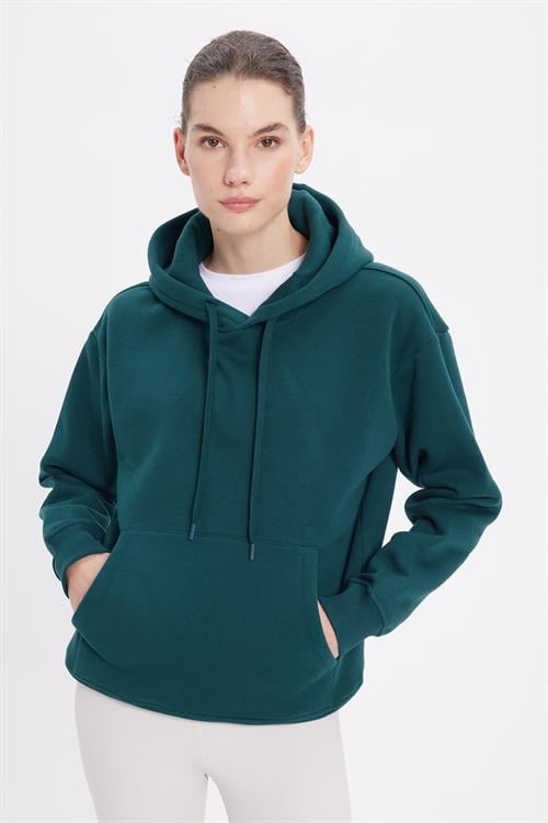 Kadın Oversize Geniş Kesim Pamuklu Yumuşak Dokulu İçi Polarlı Basic Yeşil Kapüşonlu Sweatshirt