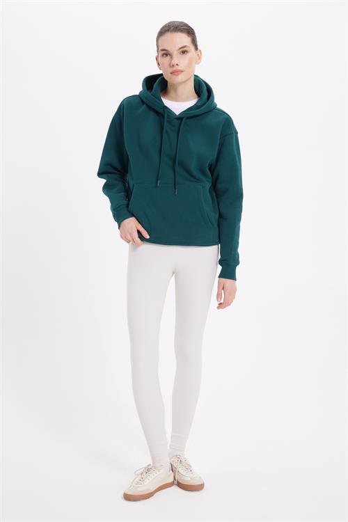Kadın Oversize Geniş Kesim Pamuklu Yumuşak Dokulu İçi Polarlı Basic Yeşil Kapüşonlu Sweatshirt