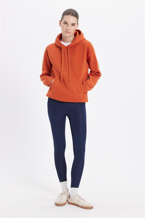 Kadın Oversize Geniş Kesim Pamuklu Yumuşak Dokulu İçi Polarlı Basic Turuncu Kapüşonlu Sweatshirt