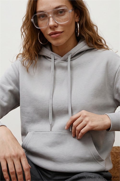 Kadın Oversize Geniş Kesim Pamuklu Yumuşak Dokulu İçi Polarlı Basic Krem Kapüşonlu Sweatshirt