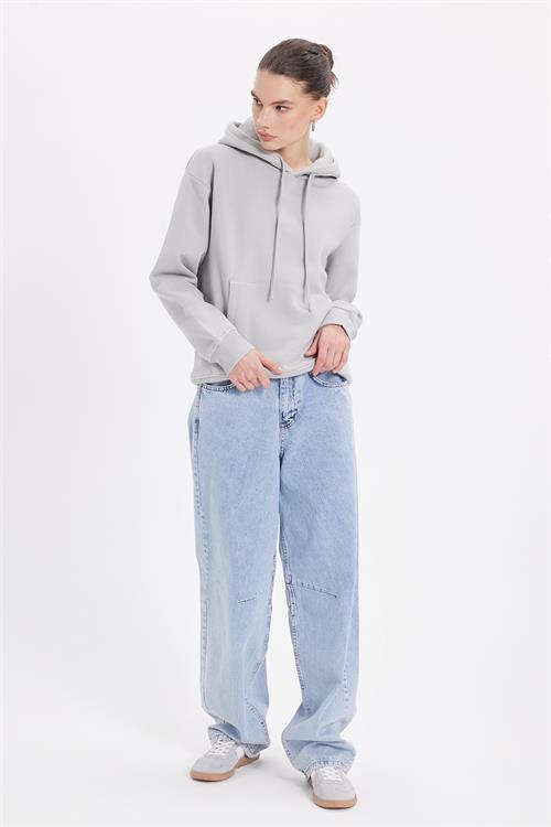 Kadın Oversize Geniş Kesim Pamuklu Yumuşak Dokulu İçi Polarlı Basic Krem Kapüşonlu Sweatshirt
