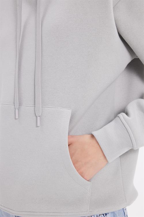 Kadın Oversize Geniş Kesim Pamuklu Yumuşak Dokulu İçi Polarlı Basic Krem Kapüşonlu Sweatshirt