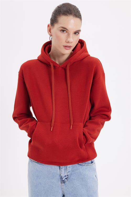 Kadın Oversize Geniş Kesim Pamuklu Yumuşak Dokulu İçi Polarlı Basic Kiremit Kapüşonlu Sweatshirt