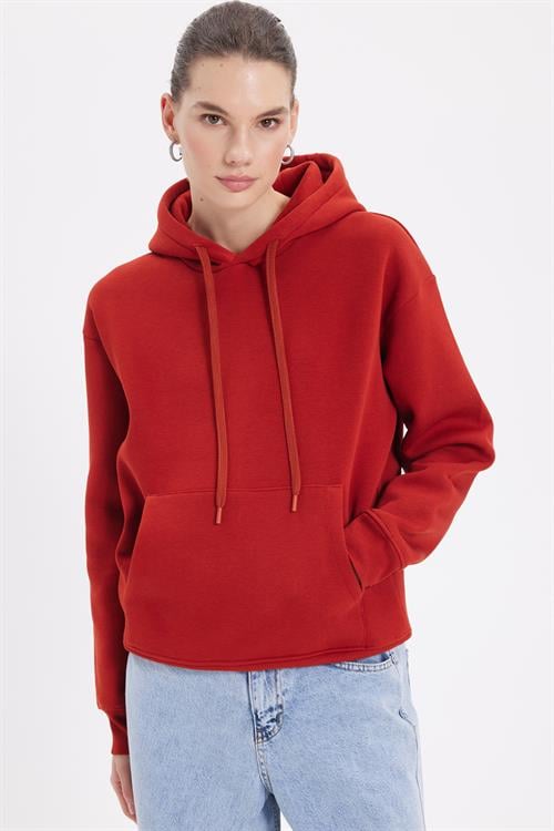 Kadın Oversize Geniş Kesim Pamuklu Yumuşak Dokulu İçi Polarlı Basic Kiremit Kapüşonlu Sweatshirt