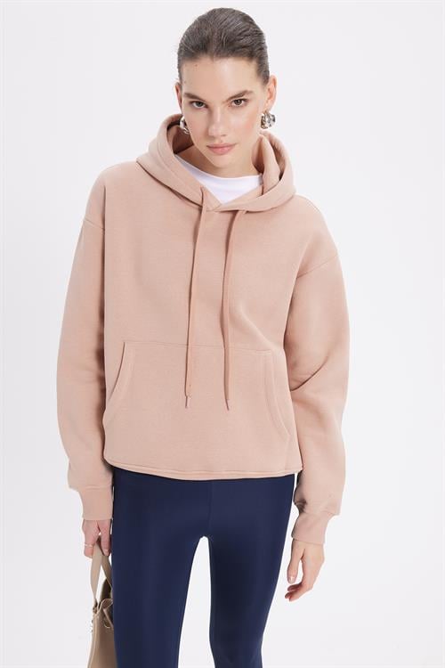 Kadın Oversize Geniş Kesim Pamuklu Yumuşak Dokulu İçi Polarlı Basic Vizon Kapüşonlu Sweatshirt