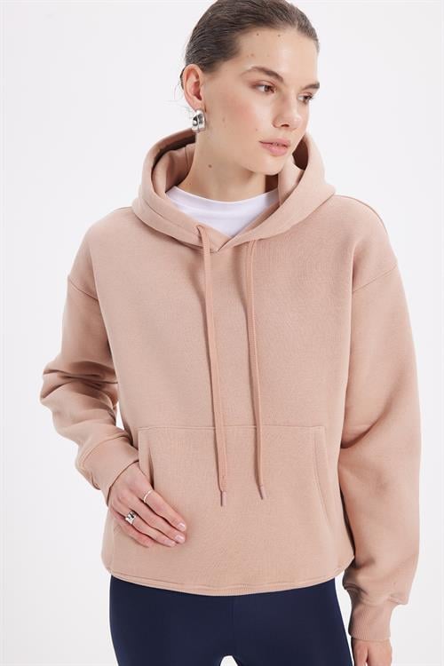 Kadın Oversize Geniş Kesim Pamuklu Yumuşak Dokulu İçi Polarlı Basic Vizon Kapüşonlu Sweatshirt