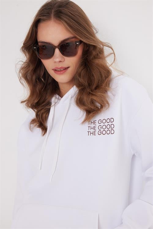 Kadın Oversize Geniş Kesim Pamuklu Yumuşak Dokulu İçi Polarlı Baskılı Beyaz Kapüşonlu Sweatshirt