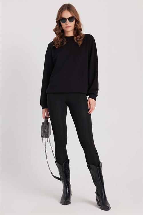 Kadın Oversize Geniş Kesim Pamuklu Basic Siyah Bisiklet Yaka Sweatshirt