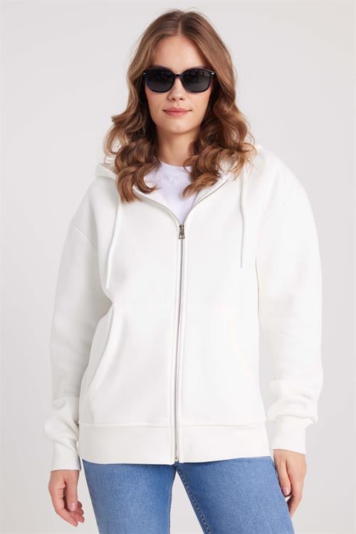 Kadın Relax Fit Rahat Kesim Pamuklu İçi Polarlı Çift Cepli Fermuarlı Beyaz Kapüşonlu Sweatshirt