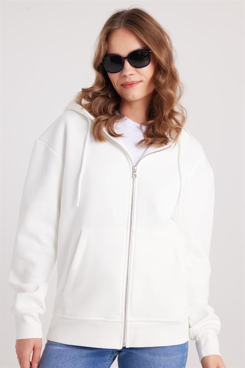 Kadın Relax Fit Rahat Kesim Pamuklu İçi Polarlı Çift Cepli Fermuarlı Beyaz Kapüşonlu Sweatshirt