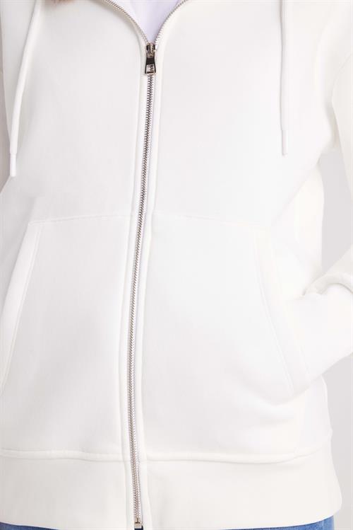 Kadın Relax Fit Rahat Kesim Pamuklu İçi Polarlı Çift Cepli Fermuarlı Beyaz Kapüşonlu Sweatshirt