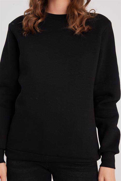 Kadın Oversize Geniş Kesim Pamuklu 3 İplik İçi Polarlı Basic Siyah Bisiklet Yaka Sweatshirt