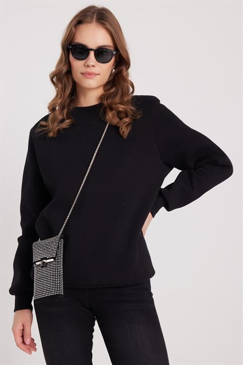 Kadın Oversize Geniş Kesim Pamuklu 3 İplik İçi Polarlı Basic Siyah Bisiklet Yaka Sweatshirt