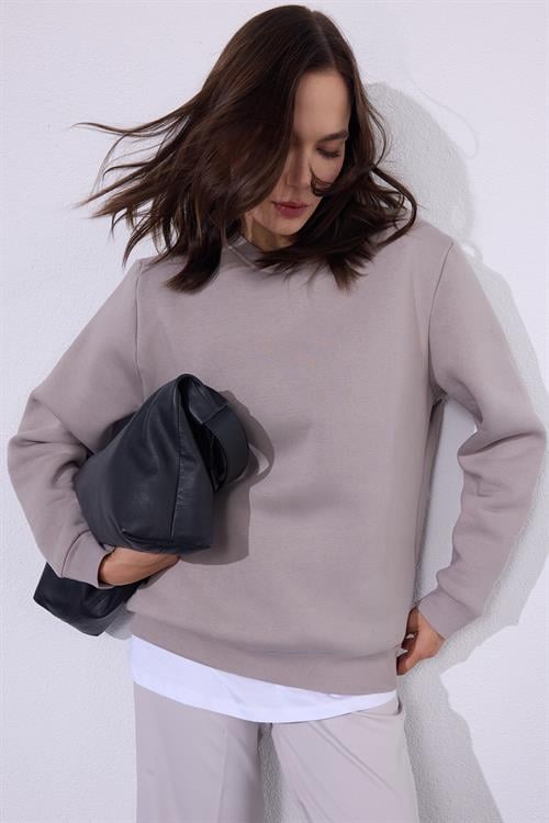 Kadın Oversize Geniş Kesim Pamuklu 3 İplik İçi Polarlı Basic Gri Bisiklet Yaka Sweatshirt
