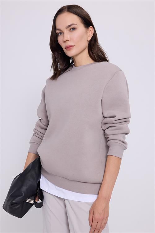 Kadın Oversize Geniş Kesim Pamuklu 3 İplik İçi Polarlı Basic Gri Bisiklet Yaka Sweatshirt