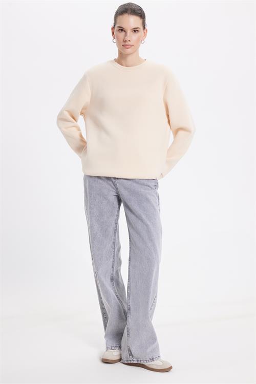 Kadın Oversize Geniş Kesim Pamuklu 3 İplik İçi Polarlı Basic Bej Bisiklet Yaka Sweatshirt