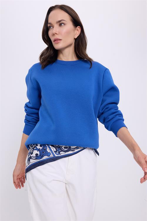 Kadın Oversize Geniş Kesim Pamuklu 3 İplik İçi Polarlı Basic Mavi Bisiklet Yaka Sweatshirt