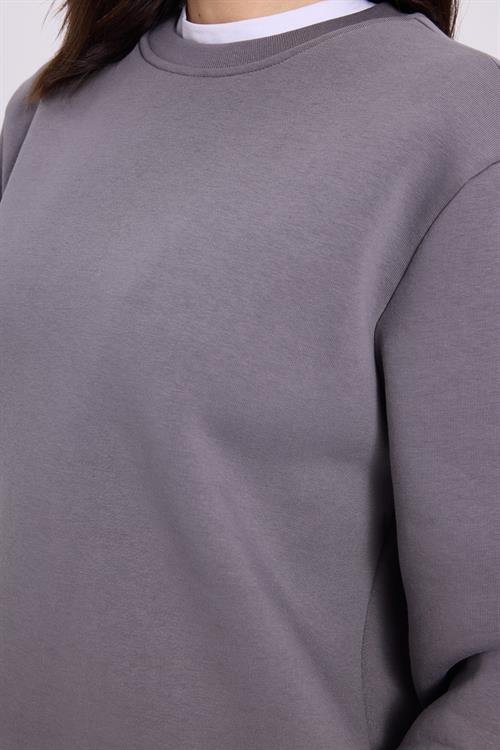 Kadın Oversize Geniş Kesim Pamuklu 3 İplik İçi Polarlı Basic Gri Bisiklet Yaka Sweatshirt