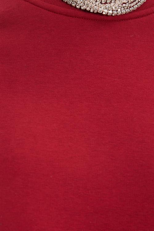 Kadın Oversize Geniş Kesim Pamuklu 3 İplik İçi Polarlı Basic Bordo Bisiklet Yaka Sweatshirt