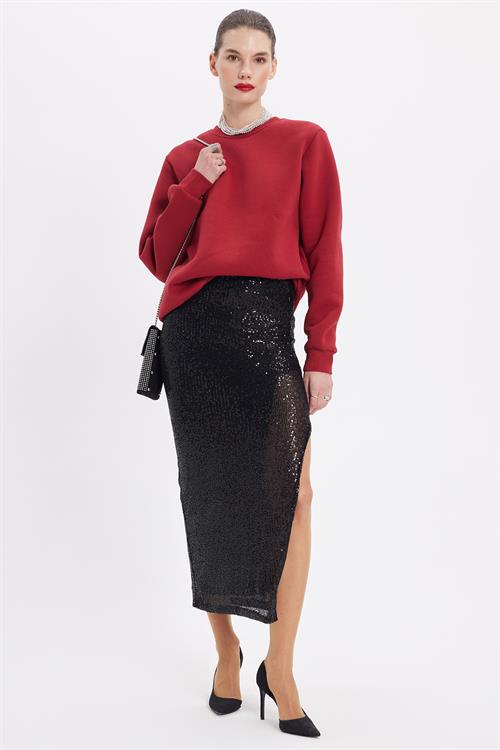 Kadın Oversize Geniş Kesim Pamuklu 3 İplik İçi Polarlı Basic Bordo Bisiklet Yaka Sweatshirt