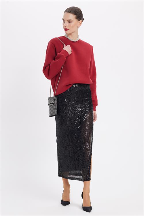 Kadın Oversize Geniş Kesim Pamuklu 3 İplik İçi Polarlı Basic Bordo Bisiklet Yaka Sweatshirt