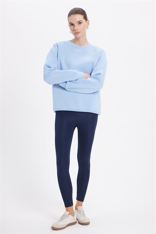 Kadın Oversize Geniş Kesim Pamuklu 3 İplik İçi Polarlı Basic Mavi Bisiklet Yaka Sweatshirt