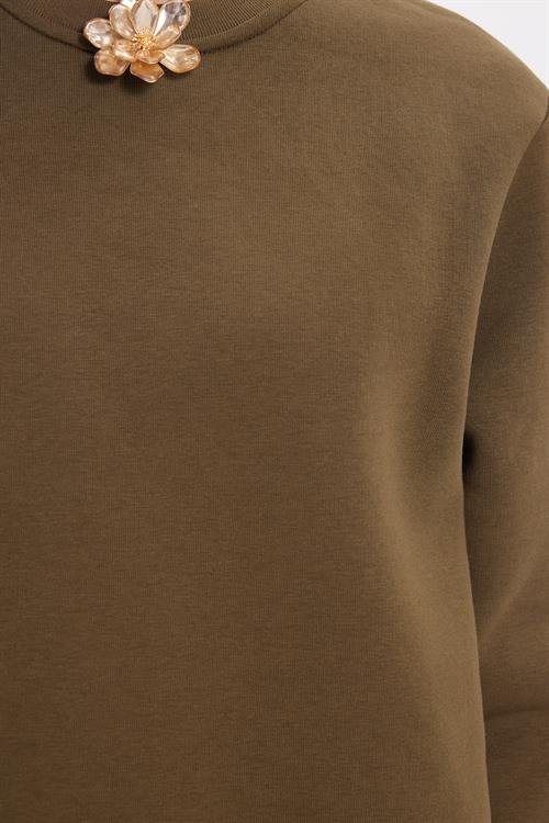 Kadın Oversize Geniş Kesim Pamuklu 3 İplik İçi Polarlı Basic Yeşil Bisiklet Yaka Sweatshirt