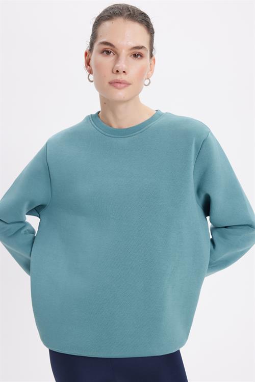 Kadın Oversize Geniş Kesim Pamuklu 3 İplik İçi Polarlı Basic Petrol Rengi Bisiklet Yaka Sweatshirt