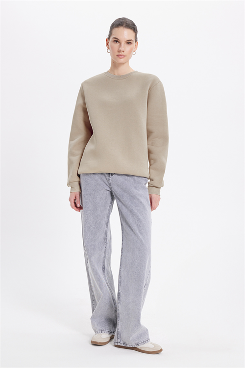 Kadın Oversize Geniş Kesim Pamuklu 3 İplik İçi Polarlı Basic Taş Bisiklet Yaka Sweatshirt
