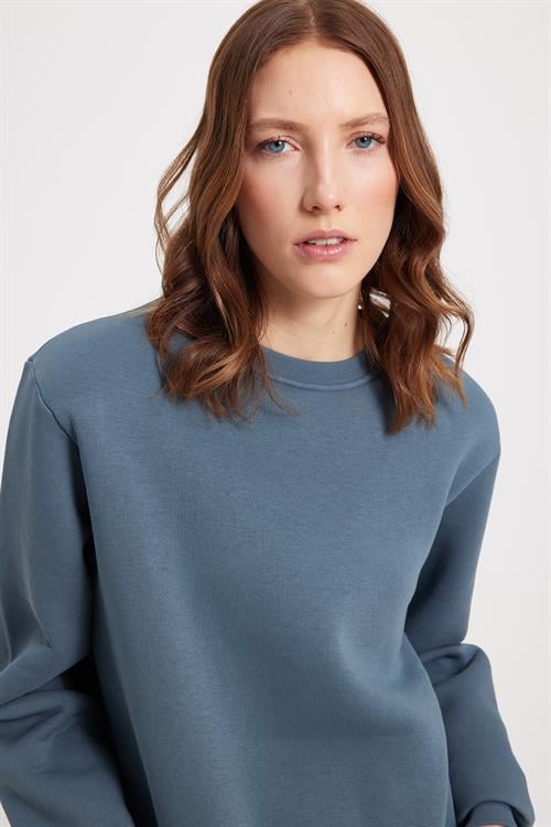Kadın Oversize Geniş Kesim Pamuklu 3 İplik İçi Polarlı Basic Koyu Gri Bisiklet Yaka Sweatshirt