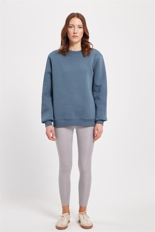 Kadın Oversize Geniş Kesim Pamuklu 3 İplik İçi Polarlı Basic Koyu Gri Bisiklet Yaka Sweatshirt