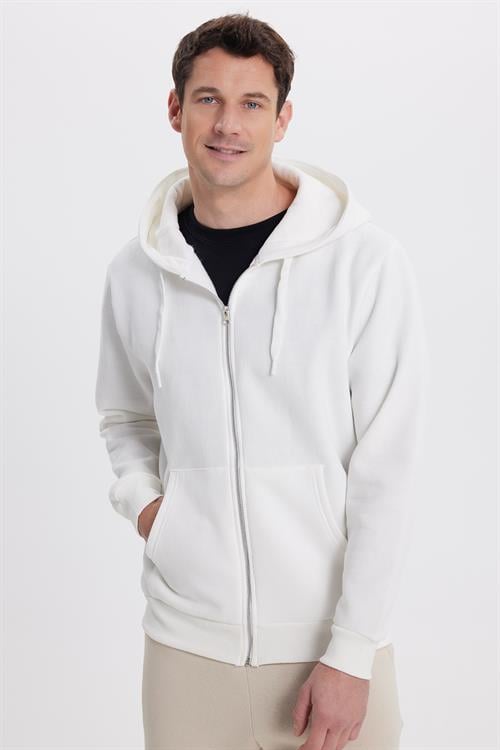 Unisex Relax Fit Rahat Kesim Pamuklu İçi Polarlı Çift Cepli Tam Fermuarlı Beyaz Kapüşonlu Sweatshirt