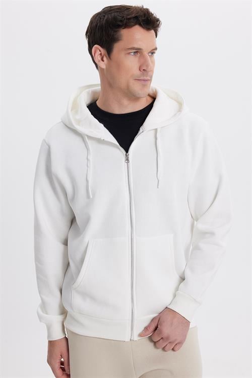 Unisex Relax Fit Rahat Kesim Pamuklu İçi Polarlı Çift Cepli Tam Fermuarlı Beyaz Kapüşonlu Sweatshirt