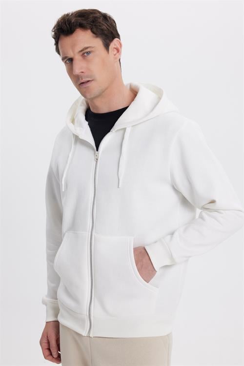 Unisex Relax Fit Rahat Kesim Pamuklu İçi Polarlı Çift Cepli Tam Fermuarlı Beyaz Kapüşonlu Sweatshirt