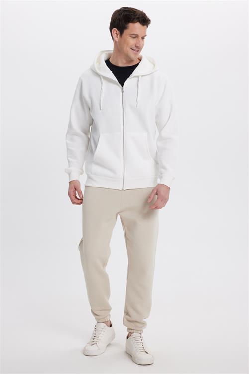Unisex Relax Fit Rahat Kesim Pamuklu İçi Polarlı Çift Cepli Tam Fermuarlı Beyaz Kapüşonlu Sweatshirt
