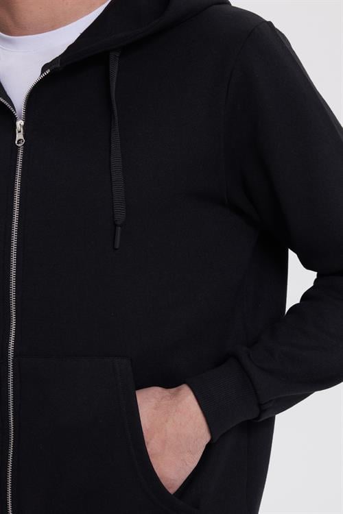 Unisex Relax Fit Rahat Kesim Pamuklu İçi Polarlı Çift Cepli Tam Fermuarlı Siyah Kapüşonlu Sweatshirt