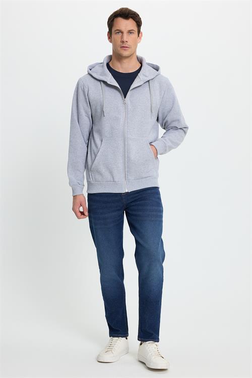 Unisex Relax Fit Rahat Kesim Pamuklu İçi Polarlı Çift Cepli Tam Fermuarlı Gri Kapüşonlu Sweatshirt