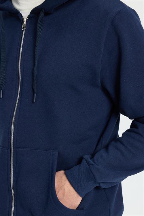 Unisex Relax Fit Rahat Kesim Pamuklu İçi Polarlı Çift Cepli Tam Fermuarlı Lacivert Kapüşonlu Sweatshirt