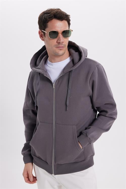 Unisex Relax Fit Rahat Kesim Pamuklu İçi Polarlı Çift Cepli Tam Fermuarlı Gri Kapüşonlu Sweatshirt