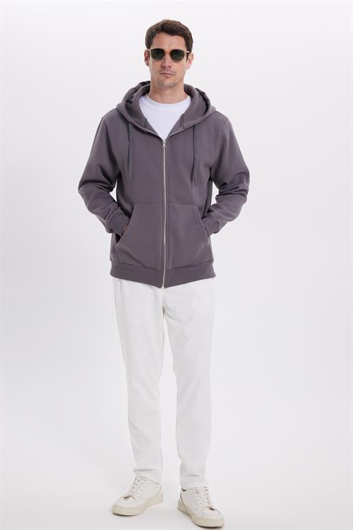 Unisex Relax Fit Rahat Kesim Pamuklu İçi Polarlı Çift Cepli Tam Fermuarlı Gri Kapüşonlu Sweatshirt