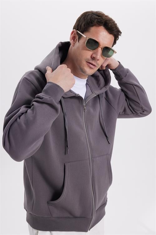 Unisex Relax Fit Rahat Kesim Pamuklu İçi Polarlı Çift Cepli Tam Fermuarlı Gri Kapüşonlu Sweatshirt