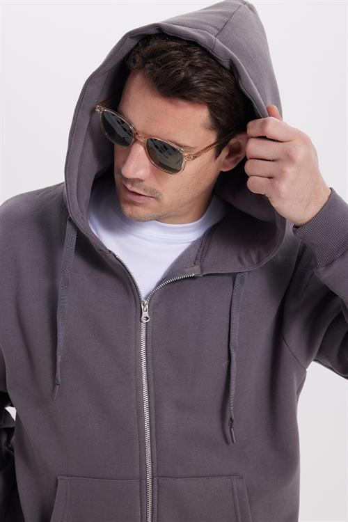 Unisex Relax Fit Rahat Kesim Pamuklu İçi Polarlı Çift Cepli Tam Fermuarlı Gri Kapüşonlu Sweatshirt